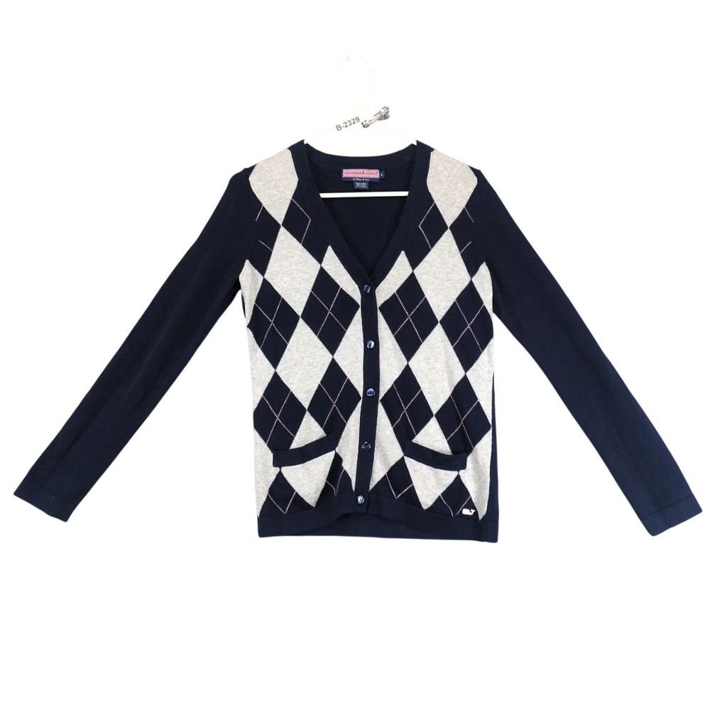 Vineyard Vines Navy Gray Argyle Cardigan Sweater Womens S Cashmere Cotton Preppy